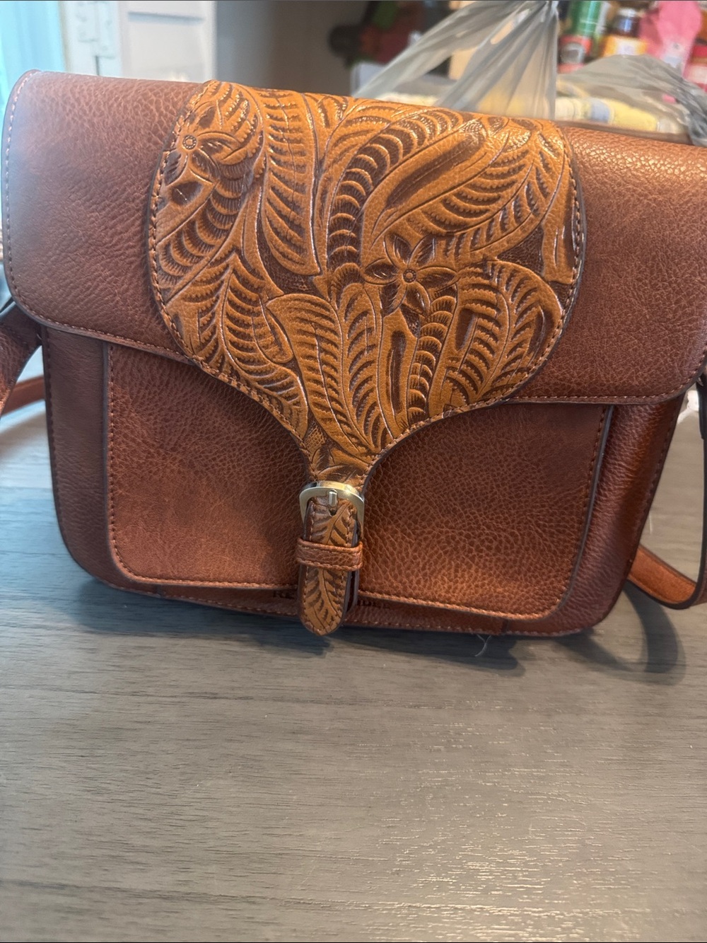 Embossed Brown Leather Crossbody Bag with Floral Detail